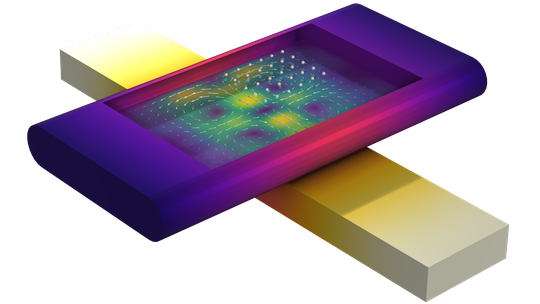 (Acoustic Streaming, das heißt, die durch ein akustisches Feld induzierte Fluidströmung, ist eine typische multiphysikalische Aufgabenstellung in der Mikrofluidik und in Lab-on-a-Chip-Systemen für Anwendungen wichtig wie die Handhabung von Teilchen, das Mischen von Fluiden und Mikropumpen.Bild: Comsol Multiphysics)