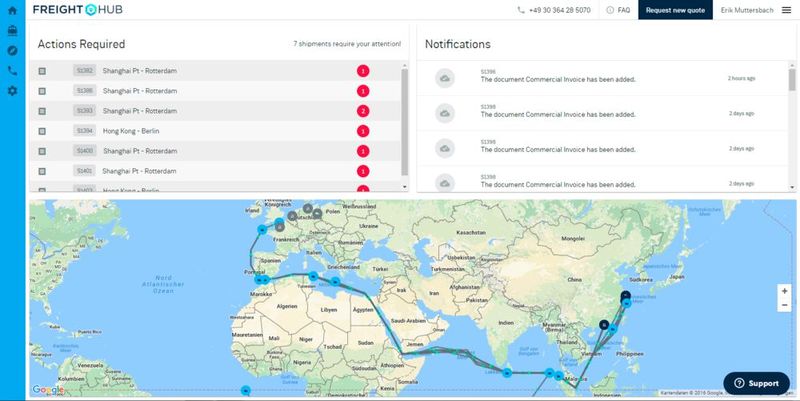 Freighthub (https://freighthub.com) versteht sich als voll digitale Frachtspedition mit Fokus auf Seefracht. Das Berliner Unternehmen bündelt in einer Datenbank Seefrachtraten, Hafengebühren, Routen, Schiffslaufzeiten und Zollformalitäten. Kunden erhalten einen Preisvergleich für ihren Transport und können diesen direkt online buchen. Freighthub wickelt den Transport dann als verantwortlicher Dienstleister ab. Gründer sind die Brüder Fabian und Ferry Heilemann, die einst den Groupon-Clon Daily Deal gegründet und 2011 an Google verkauft haben.  (Bild: Freighthub)