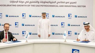 The 6.2-billion-dollar investment agreement was signed by His Excellency Dr. Sultan Ahmed Al Jaber, UAE Minister of Industry and Advanced Technology and Adnoc Managing Director, and Group CEO and Thomas Gangl, Borealis CEO. (© Abu Dhabi Government Media Office)