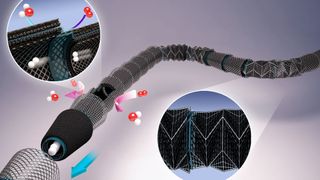 Schematische Darstellung einer in Reihe geschalteten flexiblen röhrenförmigen Polymerelektrolytmembran-Brennstoffzelle.  (Bild: IBS)