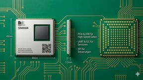 Compact AI power: The SIM8668 and SIM8666 smart modules from Simcom combine a quad-core CPU with an integrated NPU for resource-saving industrial and robotics applications in the smallest of spaces. (Image:Chip: Simcom/Background: AI-generated)