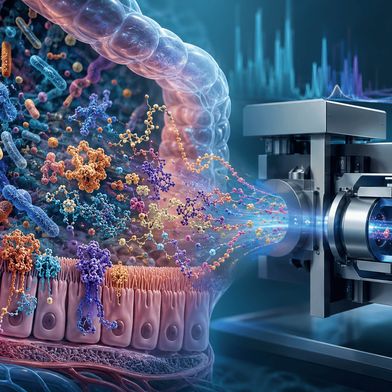 Das Darmmikrobiom arbeitet als Gemeinschaft: Seine Mikroorganismen bilden Proteine, die unter anderem Stoffwechsel, Transport und Kommunikation ermöglichen. Metaproteomische Verfahren erfassen diese molekularen Werkzeuge gemeinsam mit körpereigenen Proteinen durch Massenspektrometrie. (Bild: Guido Deußing, KI-generierte redaktionelle Illustration; symbolische Darstellung nach Xian F, Mitulovic G, Ravi Kumar RK et al. Nat Commun. 2026;17:7406. doi: 10.1038/s41467-026-75845-5)