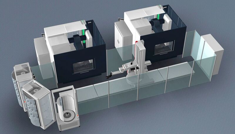 Multi-machine tool cell supported by one linear robot. (Source: REM Systems)
