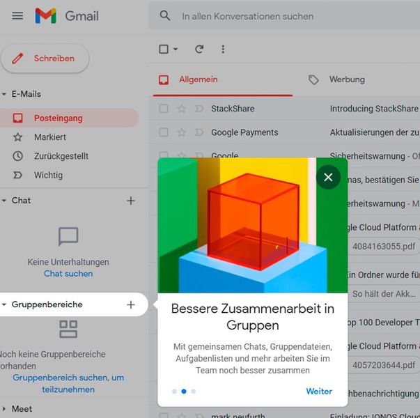Gruppenbereiche in Gmail bieten gemeinsame Dateien, Aufgaben und weitere Team-Funktionen direkt in einer zentralen Oberfläche. (Bild: Joos)