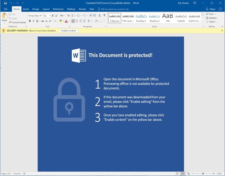 Gefährliche Dateianhänge: Office-Dokumente mit Makro-Warnbildschirmen (KnowBe4)