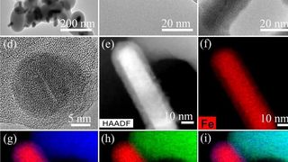 TEM-Aufnahmen, teils hochauflösend, des Fe/Fe-O@SiO2-Katalysators. Oben: Verteilung von Fe-Nanopartikeln. Mitte: Fe/FeO-Nanopartikel mit Kern-Schale-Struktur. Unten: Elementare Kartierung Eisen (Fe), Siliziumdioxid (Si) und Sauerstoff (O). (Vishwas Chandrashekhar/ Likat)