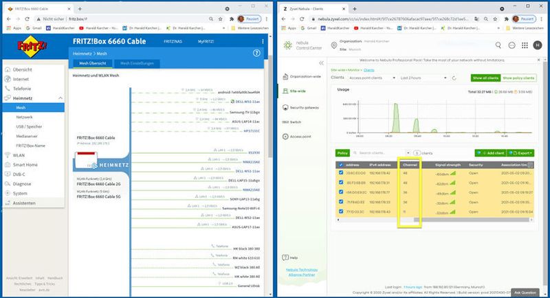 WLAN-Kanal-Analyse aus der fernen Zyxel-Amazon-Cloud: Sie erkennt ganz richtig, auf welchen WLAN-Kanälen unsere lokalen Clients in Schwabing, also Laptops, Handy und PC, gerade funken. Hätten wir eine größere Installation, bei der die WLAN-Kanäle nicht optimal justiert sind, dann könnten wir da händisch eingreifen und sagen: Ich will auf dem, und dem, und dem Kanal die Geräte arbeiten lassen. Oder man weiß etwa, dass ein Kanal viele Störungen hat, aus welchen Gründen auch immer: Dann könnte man dem entfernten WLAN-System via Cloud vorgeben, dass es diesen Störungs-intensiven Kanal vor Ort meiden soll. (HARALD KARCHER)