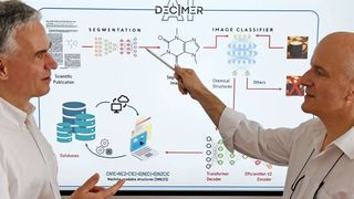 Das Team um Prof. Dr. Christoph Steinbeck (r.) und Prof. Dr. Achim Zielesny hat das KI-Tool Decimer entwickelt, das Abbildungen von Strukturformeln in maschinenlesbare Daten übersetzt. (Bild: Anne Günther (Universität Jena))