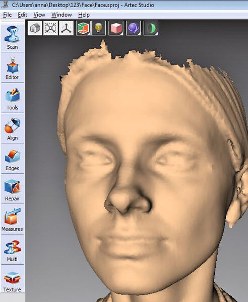 3D-Scan in Farbe, 3D-Scan ohne Farbe und Polygonnetz in Nahaufnahme (Bild: Artec)