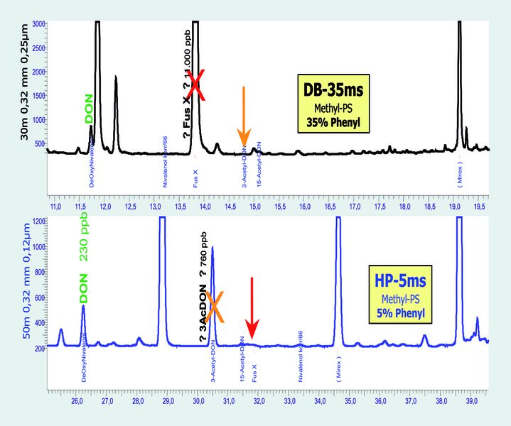 Abb. 2 µECD-Chromatogramme desselben Schweinemastfutters auf zwei unterschiedlichen Phasenpolaritäten (Agilent 6890). (Archiv: Vogel Business Media)