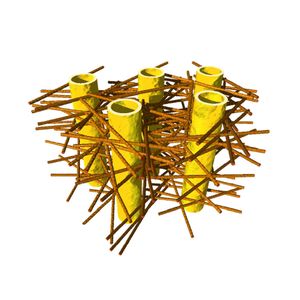 Die Illustration skizziert die komplexe Biostruktur der Zahnsubstanz Dentin: Die dentalen Tubuli (gelbe Hohlzylinder, etwa 1 Mikrometer im Durchmesser) sind von einem Gewebe aus Kollagenfasern umgeben, in das auch die winzigen mineralischen Nanopartikel eingebettet sind. Da deren Durchmesser nur wenige Nanometer betragen, sind sie in dieser Skizze nicht gezeigt.