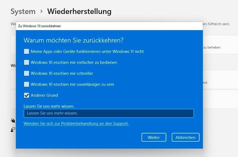 Hier können Sie einen konkreten oder anderen Grund für die Deinstallation von Windows 11 angeben; das Freitextfeld muss nicht ausgefüllt werden. (Microsoft / Joos)