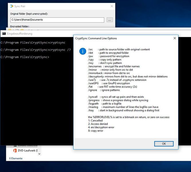 Für geübte Anwende rund Administratoren stehen auch Möglichkeiten für das Skripten in der Befehlszeile zur Verfügung. Dadurch lassen sich Ordnerpaare auch automatisiert erstellen. Mit cryptsync /? Erscheint eine Hilfe mit allen Optionen. (Thomas Joos)