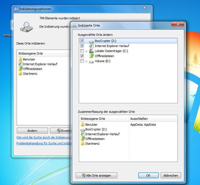 Boxcryptor Classic unterstützt auch die Indizierung in Windows 7. Das heißt Anwender können das Boxcryptor-Laufwerk in Windows 7 über die Indizierungsoptionen einbinden und so Dateien im Laufwerk schneller finden. Die Konfiguration der Indizierung lässt sich am schnellsten durch Eingabe von Indizierungsoptionen im Suchfeld des Startmenüs aufrufen. Hier muss dann nur noch das virtuelle Laufwerk hinzugefügt werden. (Thomas Joos)