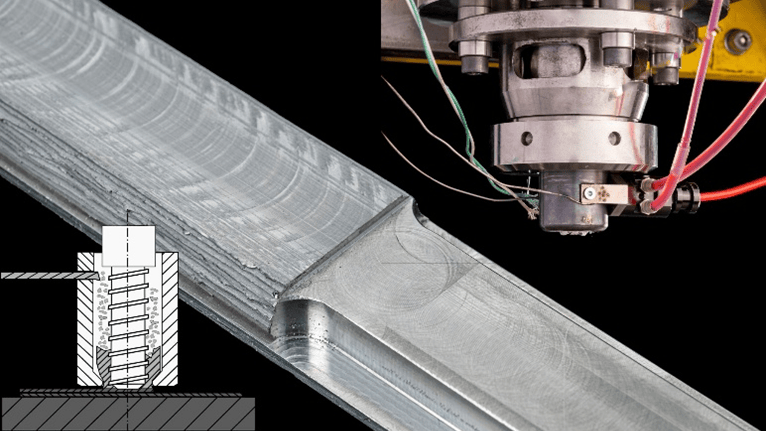 Draht- bzw. filamentbasiertes additives Rührreibschweißen: Entwicklung, Anlagentechnik und fertiges Bauteil.(Bild:  Universität Stuttgart)