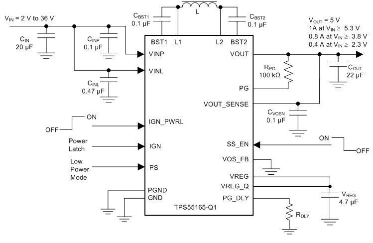 Bild 7: Komplettlösung mit dem TPS55165-Q1 für Anwendungen mit 5 V/1 A. (TI)