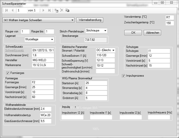 Die möglichen Parametereingaben für das WIG-Verfahren. Die elektrischen Parameter können auch in Bereichen eingegeben werden. Die Streckenenergie wird automatisch berechnet. (MIG Weld)