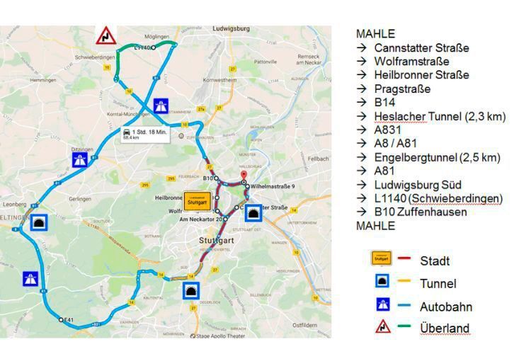 Die Testtour führte quer durch  den Stuttgarter Innenstadttalkessel und umliegende Autobahnen bzw. Landstraßen. (Mahle)