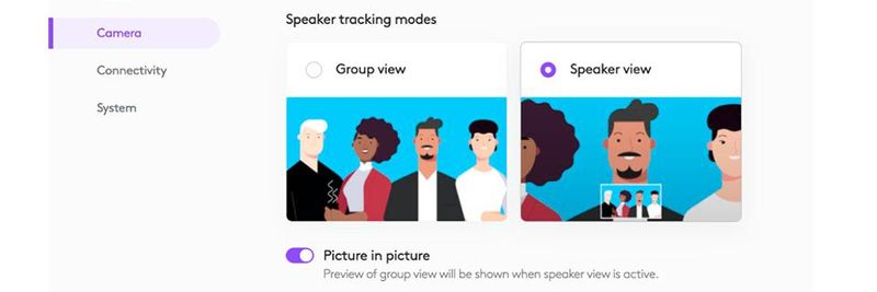 Der Speaker-View-Modus nutzt das Zwei-Kamera-System in Rally Bar und Rally Bar Mini für eine Bild-in-Bild-Ansicht des aktiv Sprechenden und der gesamten Gruppe.
