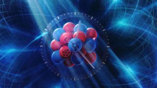 Künstlerische Darstellung: Mit den Röntgenpulsen des European XFEL lassen sich im Kern von Scandium-Atomen jene Prozesse anregen, die ein Uhrensignal mit einer noch nie dagewesenen Präzision von einer Sekunde in 300 Milliarden Jahren ermöglichen. (Bild: T. Wüstefeld/R. Röhlsberger - European XFEL/Helmholtz-Institut Jena)