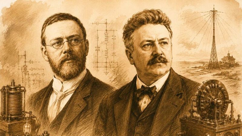 Die Funkpioniere Reginald Fessenden und Valdemar Poulsen entwickelten zu Beginn des 20. Jahrhunderts unabhängig voneinander Verfahren zur drahtlosen Übertragung von Sprache und Tönen. Beide trugen damit entscheidend zur Entwicklung des Rundfunks bei.(Bild:  Dall-E / KI-generiert)