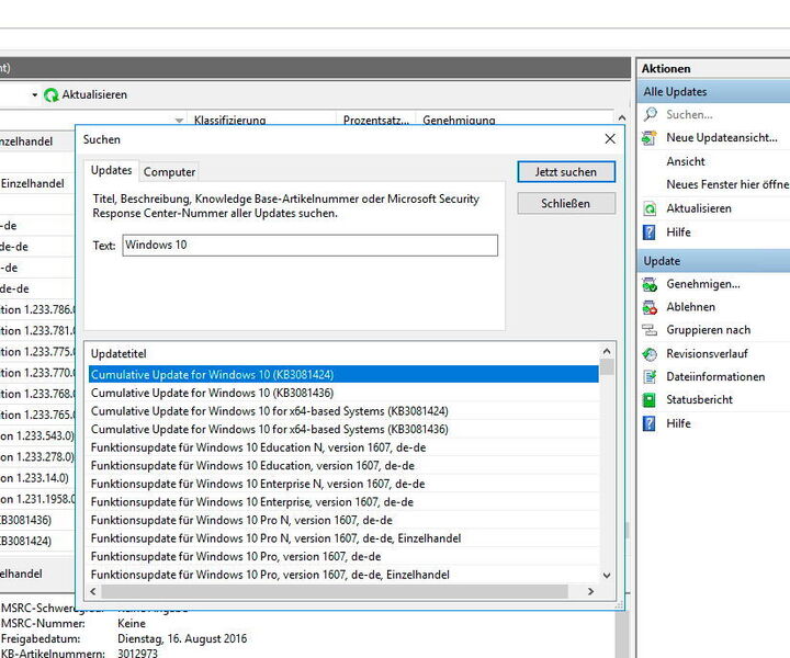 Wenn ein WSUS-Server synchronisiert ist, kann nach speziellen Updates für Windows 10 gesucht werden. (Joos / Microsoft)