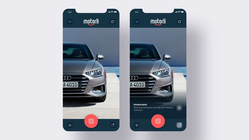 Die Videoaufnahme starten, und dann wird dem Verkäufer schon eine Anleitung eingeblendet, wie er einen optimalen Clip erstellt (Bildabschnitt rechts mit Overlay-Funktion): Die Videofahrzeugbörse Motorli will im Herbst an den Start gehen und setzt auf Bewegtbild statt auf Fahrzeugfotos.(Bild:  Automotive Heads/Motorli)
