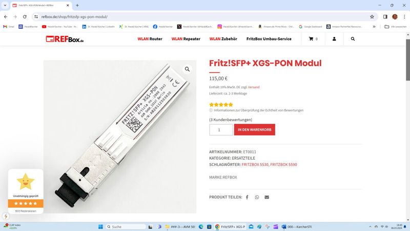 Das schnelle Fritz!SFP+ XGS-PON-Modul ist teuer. Bei REFBox.de kostet es 115 Euro plus 19% MwSt. plus Versand. (Bild: Harald Karcher - REFBox.de-Website)