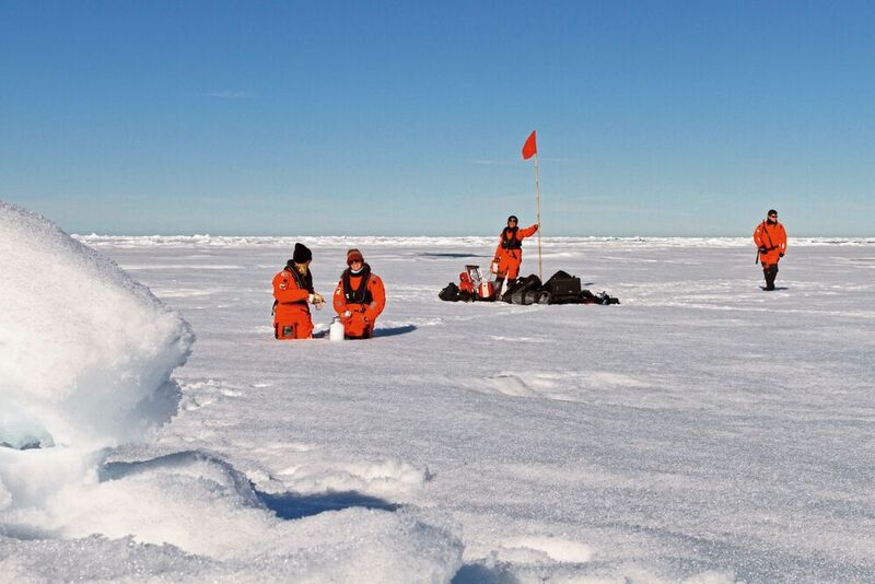 Wissenschaftlerinnen des Alfred-Wegener-Instituts sind mit dem Bordhelikopter des Forschungseisbrechers Polarstern gekommen, um Schneeproben auf dem Meereis zu nehmen. (Bild: Alfred-Wegener-Institut / Mine Tekman)