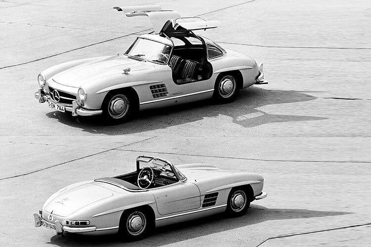 Auf Drängen des Mercedes-Benz-US-Importeurs Max Hoffmann – dessen Kunden häufig nach mehr Komfort, einem größeren Kofferraum und einem Cabriolet fragen – fahren im Jahr 1957 der 300 SL Roadster (W 198 II) und das Cabrio vor. (Mercedes-Benz)