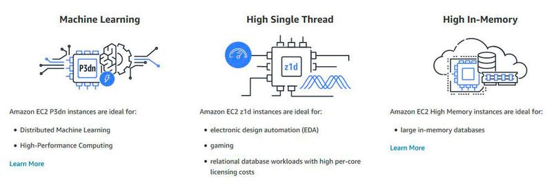 „EC2“-Instanzen, die für Machine Learning und In-memory-Applikationen und Datenbanken geeignet sind.  (AWS )