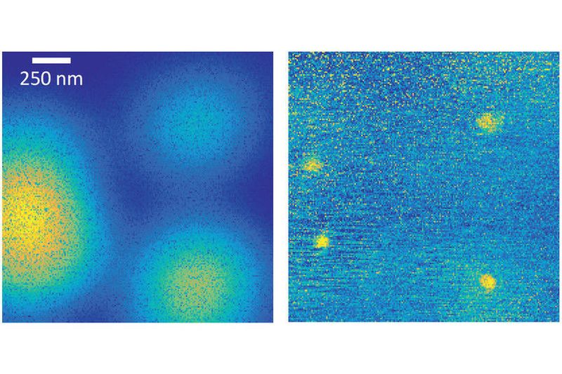 Während mit herkömmlichen Methoden das Bild sehr kleiner Objekte verschwimmt (links), erlaubt die neue Methode eine weit größere Auflösung (rechts). (© Lehrstuhl für Angewandte Festkörperphysik )