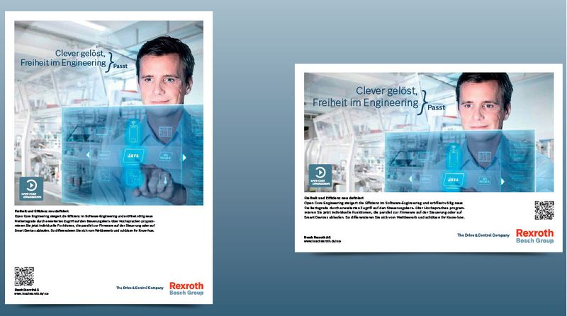 Das Keyvisual der Kampagne findet sich in den unterschiedlichen Werbeformaten wider: Hier beispielsweise in Printanzeigen. (Bildquelle: Bosch Rexroth)