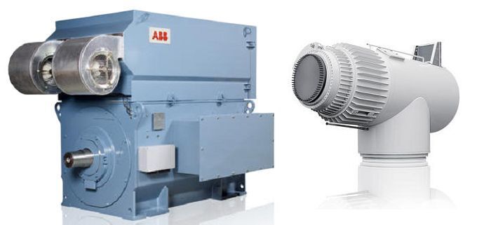 PM-Generatoren mit hoher Drehzahl (rechts) sowie solche mit mittlerer Drehzahl (links). Beide eignen sich für Leistungen bis 5 MW.  (Bild: ABB)