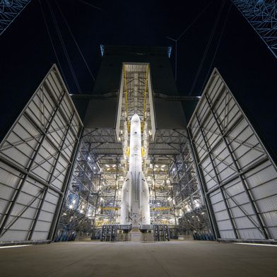 Ariane 6 A64 flight VA267 with 32 satellites for Amazon LEO constellation, ready for launch at Europe's Spaceport in Kourou, French Guiana on 12 February 2026. (Source: ESA—M. Pédoussaut)