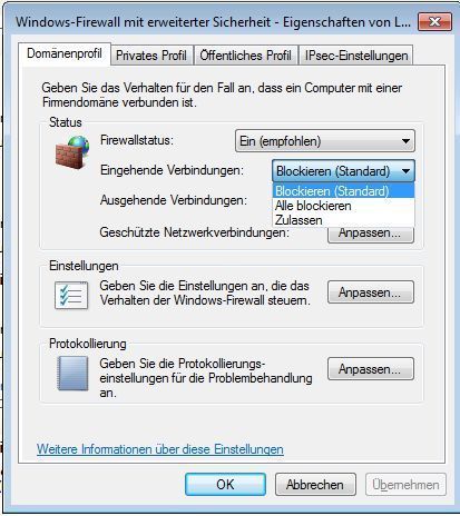 Neben dieser grundsätzlichen Aktivierung ermöglicht die „Windows-Firewall mit erweiterter Sicherheit“ auch eine weitere Konfiguration. Rufen Sie dazu erneut die Konfigurationsmaske der „Windows-Firewall-Eigenschaften“ auf. Unter „Status“ sehen Sie weitere Einstellungen für „Eingehende Verbindungen“ und „Ausgehende Verbindungen“. (Archiv: Vogel Business Media)