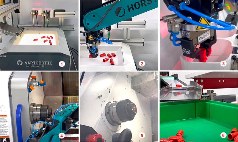 Der Ablauf bei Eberle von links oben bis rechts unten: Die Rohteile werden aus dem Bunker über einen Bauteilvereinzeler (Varioshaker) mit Durchlicht zugeführt (1). Der Horst 900 nimmt die vereinzelten Teile auf (2). Je nach Variante werden die Teile dann nochmals über einen Bildvergleichssensor in ihrer Rotationsachse ausgerichtet oder direkt umgegriffen (3) und in das Spannfutter des Drehautomaten eingelegt (4), wo sie zur Bearbeitung fixiert werden (5). Die Fertigteile werden zum Schluss über das Werkstück-Transportband ausgeschläust (6). (Bild: Citizen)