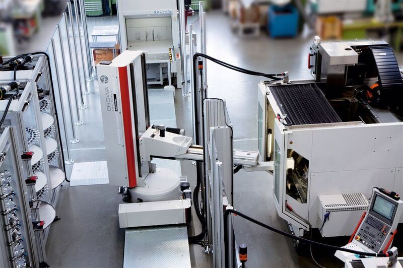 Erowa robot loading a machine tool. (Source: REM Systems)