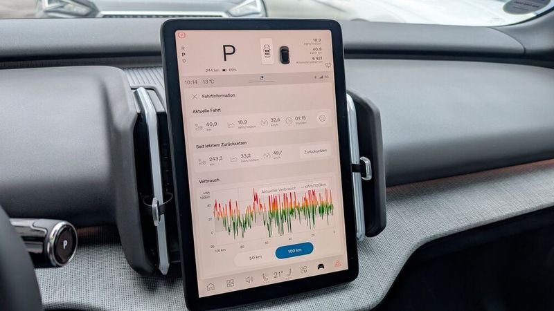 Der Verbrauch zählt zumindest jenseits der Stadtgrenze nicht zu den Stärken des knapp zwei Tonnen schweren EX 30 CC – was aber mit Blick auf die über 400 PS Leistung und den Allradantrieb auch nicht überrascht. Nach einer längeren Autobahnfahrt vermeldete der Bordcomputer bei einer Geschwindigkeit von maximal 130 km/h gut 33 kWh/100 km Stromverbrauch. In der Stadt begnügte sich der Testwagen mit knapp 19 kWh/100 km.  (Bild: Mauritz – VCG)