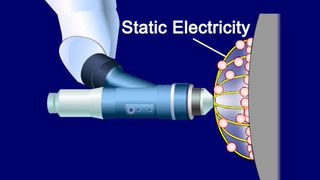 Toyota hat einen neuen Lackzerstäuber entwickelt: Statt den Lack mit Luft aufzutragen, bewegen sich die elektrostatisch geladenen Partikel auf die geerdete Karosserie zu. (Toyota)