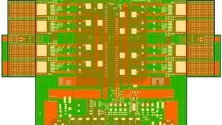 Bild 1: Kontur der Leiterplatte mit 195 mm x 152 mm für die Motorsteuerung. Rot dargestellt ist die Position der im Multilayer verpressten Kupferprofile für Entwärmung und Hochstrom. (Bild: Häusermann)
