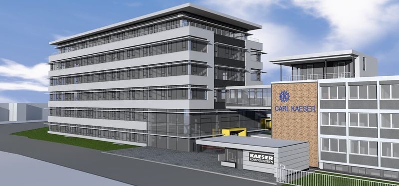 Das neue Verwaltungsgebäude von Kaeser Kompressoren entsteht links vom bereits bestehenden Gebäude und bietet viel Platz für Mitarbeiter. (Bild: Kaeser)