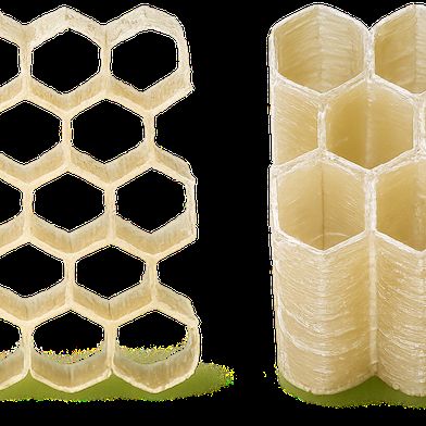Bionically inspired honeycomb structures with gradually arranged fiber angles made from regenerated cellulose fibers. These lightweight structures could contribute to more sustainable safety components in the future. (Source: © HSB - AG Biologische Werkstoffe)