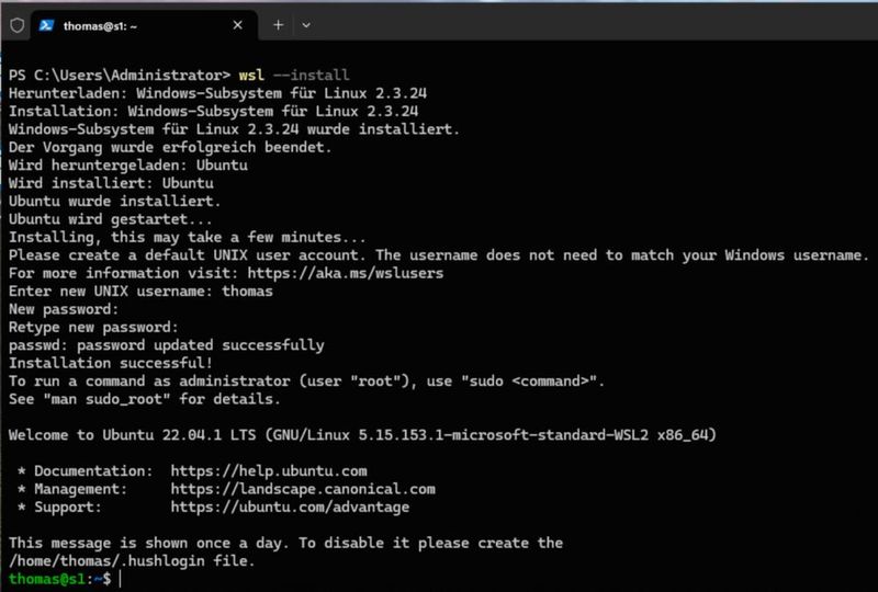 Das Windows Subsystem für Linux installiert Ubuntu 22.04 LTS direkt auf Windows Server 2025 und macht Linux-Werkzeuge ohne separate VM nutzbar. (Bild: Joos - Microsoft)
