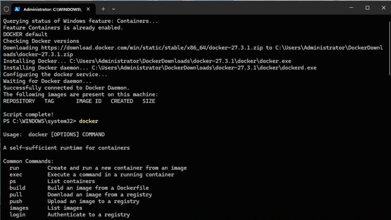 Nach Aktivierung des Container-Features lädt ein Setup-Skript die Docker-Engine herunter und installiert sie auf Windows Server 2025 zur Verwaltung von Container-Images. (Bild: Joos - Microsoft)