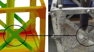 Die reale Deformation der Querträger eines würfelförmigen Rahmens (rechts) stimmen gut mit den in der Simulation vorhergesagten Ergebnissen (links) überein. (Bild: ESI)
