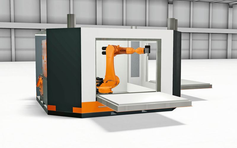 Ergonomisches Be- und Entladen für den Mitarbeiter sowie optimale Bauteillage für die roboterbasierte Zerspanung aufgrund hochgeklappter Maschinentische: Das zeichnet die modulare Standardzelle mit der Kuka-Kippsystematik aus. (Kuka Industries)