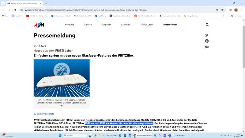 AVM bringt mit FRITZ!OS 7.80 ein Glasfaser-Update für zwei Fiber-Boxen und zwei DSL-Boxen. (Bild: Harald Karcher - AVM)