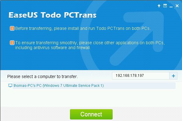 Abbildung 2: Nach der Installation auf dem Quell-PC wartet PCTrans auf die Verbindung zum Ziel-PC. Danach lassen sich Daten und Anwendungen übertragen. (Bild: Joos)
