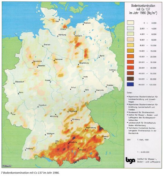 Bodenkontamination mit Cäsium-137 im Jahr 1986 (Becquerel pro Quadratmeter)(Bild:  Institut für Wasser-, Boden- und Lufthygiene)